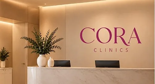 Recepción de Cora Clinics, con mostrador de mármol y el logotipo en la pared
